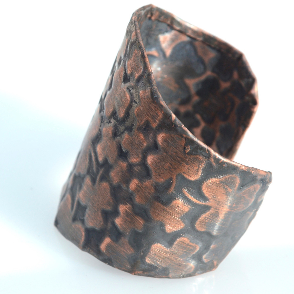 Irish Clover Wide Copper Cuff Bracelet Bracer Leaf Patina Solid Rustic Patina - Picture 3 of 8